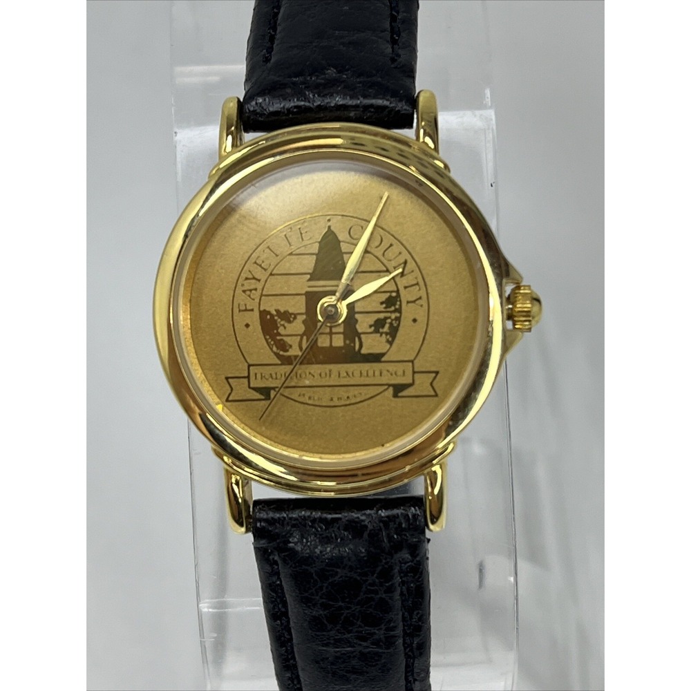 Fayette County Women's Quartz Watch‎ Gold Case Black Leather Band- New Battery